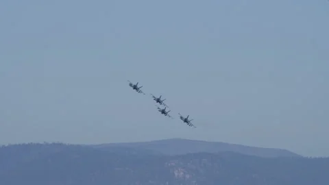 Slow motion wide tracking clip of a flight of RAAF F-A 18F super hornet aircraft Stock Footage 152751862