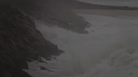 Slow Motion of Wild Ocean Waves Crashing After Storm at Dusk Stock Footage 341683974