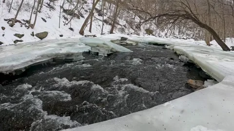 Slow Motion Winter River Flowing Between Ice Shelves at Ken Lockwood Gorge Stock Footage 341125574