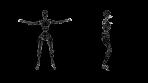 Slow motion wireframe, female android: jumping jacks. Stock Footage 94918773