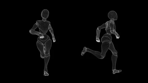 Slow motion wireframe, female android: long-gaited run. Stock-Footage 94919112
