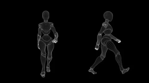 Slow motion wireframe, female android: medium walk. Stock Footage 94919855