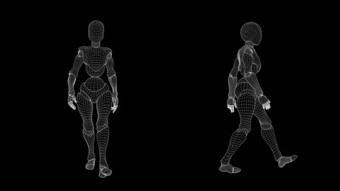 Slow motion wireframe, female android: slow walk. Stock-Footage 94920193