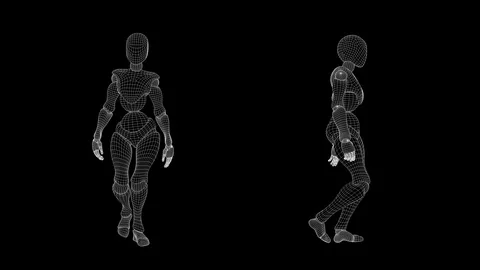 Slow motion wireframe, female android: casual walk. Stock-Footage 94920644