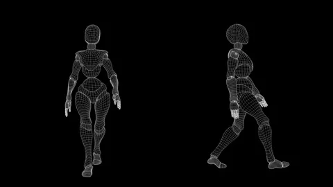 Slow motion wireframe, female android: cocky walk. Video stock 94921154