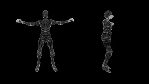 Slow motion wireframe, male android: jumping jacks. Stock Footage 94918674