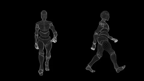 Slow motion wireframe, male android: medium walk. Stock-Footage 94919680