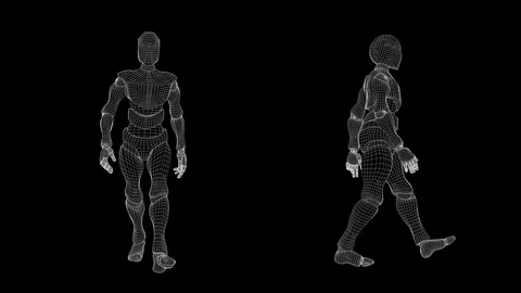 Slow motion wireframe, male android: slow walk. Stock Footage 94919981