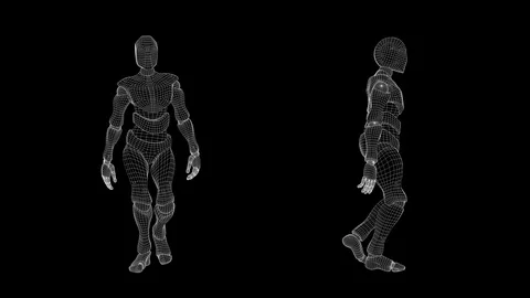 Slow motion wireframe, male android: casual walk. Stock Footage 94920523