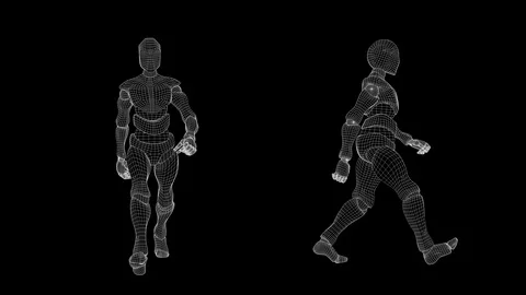 Slow motion wireframe, male android: confident walk. Stock Footage 94920803