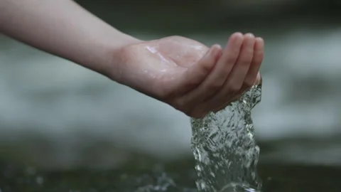 Slow Motion Woman's Hand Scoops Water From Stream in Forest. Female Hand To.. Stock Footage 328469614