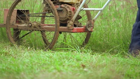 Slow motion worker cutting grass in sports field by mower Vídeos de archivo 142012640