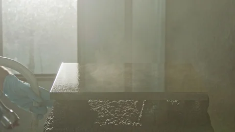 Slow motion of a worker painting kitchen wood doors using spray paint Video stock 112085962