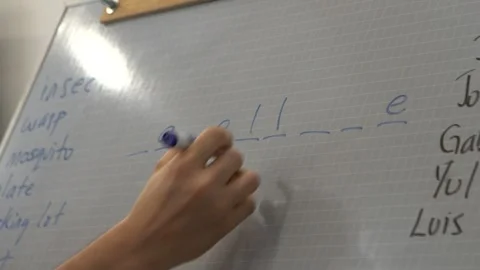Slow Motion Writing Fill In Missing Word On Board Blue Erasable Marker Stock Footage 300728969