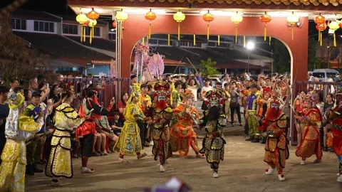 Slow Motion Yingge Dance During Deity Celebration at Kampar Seng Fatt Temple Stock Footage 345440150