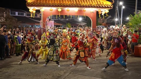 Slow Motion Yingge Dance During Deity Celebration at Kampar Seng Fatt Temple Stock Footage 345440474