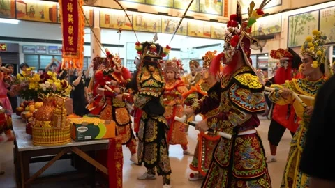 Slow Motion Yingge Dance During Deity Celebration at Kampar Seng Fatt Temple Stock Footage 345441756