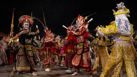 Slow Motion Yingge Dance Performance at Kampar Seng Fatt Temple Celebration Stock Footage 345442184