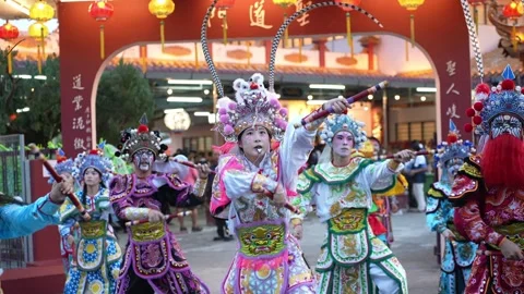 Slow Motion Yingge Dance Performance at Seng Fatt Temple in Kampar, Malaysia Stock Footage 345443432