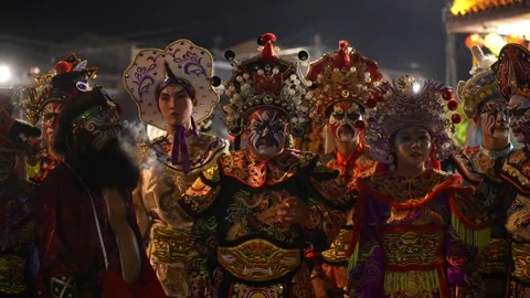 Slow Motion Yingge Dance Performers at Seng Fatt Temple, Kampar Celebration Stock Footage 345437943