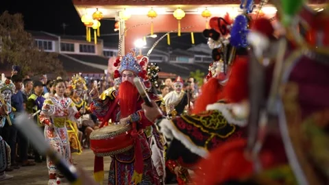 Slow Motion Yingge Dance at Seng Fatt Temple Celebration in Kampar, Malaysia Stock Footage 345440892