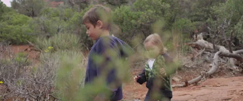 Slow Motion Young Boy and Small Girl Walking on a Hiking Trail Stock Footage 61834280