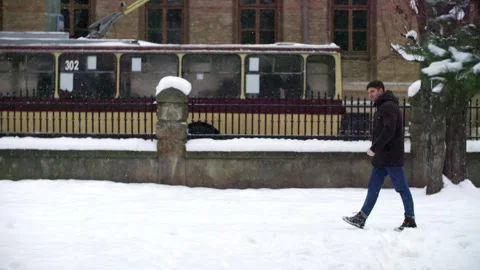 Slow motion young guy in casual clothes strolling urban street when pigeon Stock Footage 262130814