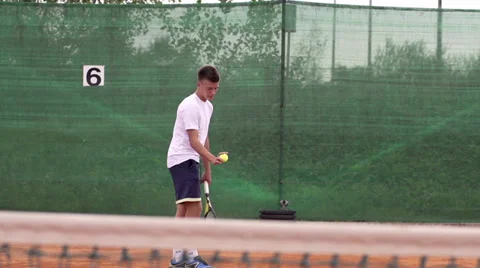 Slow Motion Of Young Tennis Player Serving Stock Footage 34479581
