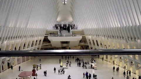 Slow motion Zoom in Crowd Oculus Building Manhattan downtown New York City Stock Footage 255405470