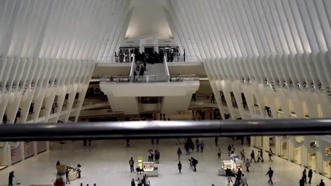Slow motion Zoom out Oculus building downtown Manhattan Interior 4K Stock Footage 255405467