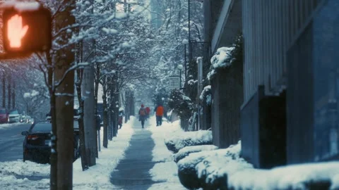 Slow motioned snowfall. Winter scene with bustling pedestrians and a traffic Stock Footage 292994384