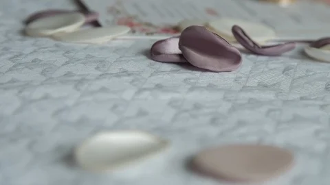 Slow move close up bouquet lying on bed peddles Stock Footage 112140737