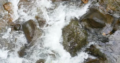 Slow Move Over Cascading Water Through Rocks In Rainforest Mountain River Stock Footage 137621815