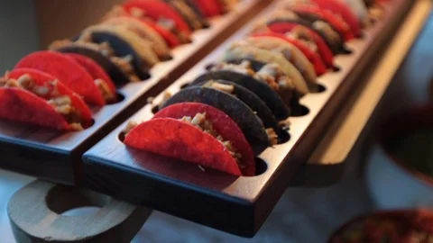 Slow move over mini colorful chicken tacos 스톡 동영상 107944774