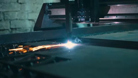 Slow movement of the cutter during plasma metal processing on a robotic machine Stock Footage 228947751