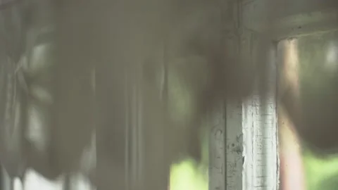 Slow movement down past openwork curtain and window frame painted with white Stock Footage 163758685
