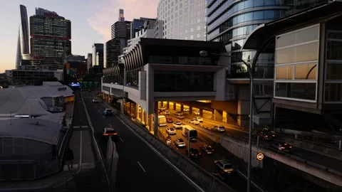 Slow moving commute through Sydney early evening tracking shot 6K Stock Footage 310706472