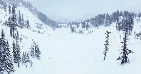 A slow moving drone shot of a snow covered valley in a snowstorm Stock Footage 280456865