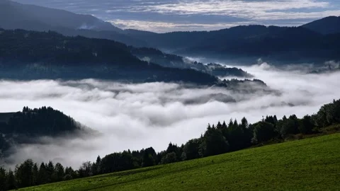 Slow Moving Fog Clouds in Mountain Valley, Peaceful Nature Time Lapse Stock-Footage 317680108