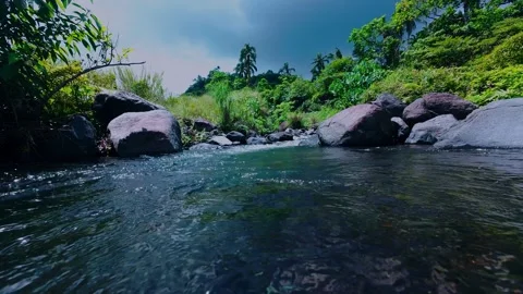 Slow-moving river surrounded by tropical vegetation and boulders. Stock Footage 334571028