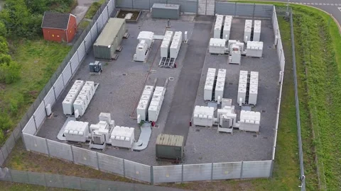 Slow Orbit Aerial of BESS Battery Energy Storage System installation made of Stockbeeldmateriaal 335220724