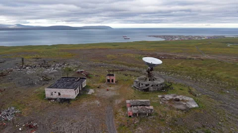 Slow orbit around massive satellite dish of Orbita communications station in Chu Stock Footage 327120485