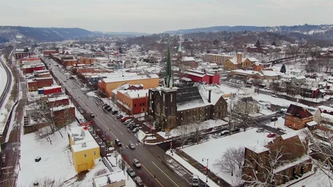 Slow Orbit Around Small Pennsylvania Rivertown Business District  	 Stock Footage 101140741