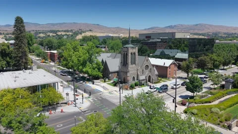 Slow orbit drone shot circling St. Michael's Church in Boise, Idaho. Stock Footage 339503579