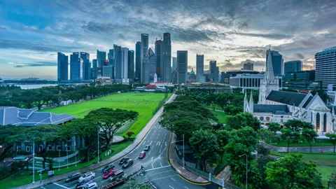 Slow Pan 4K Sunset Timelapse : Singapore Skyline Stock Footage 149725972