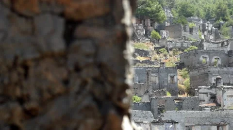 Slow pan across Remote Eastern Village - Kayaköy in Turkey, AKA the Ghost town. Stock Footage 40449963