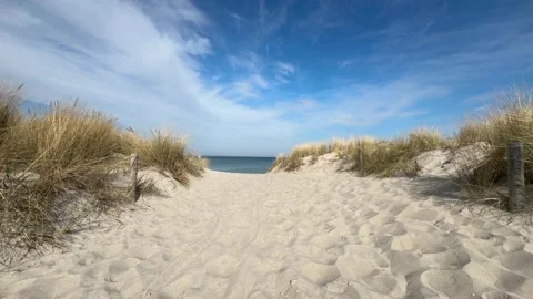 Slow pan across sandy path through beach grass to the ocean at Graal-Mritz,.. Stock Footage 312698611