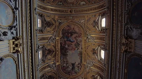 Slow pan along the baroque ceiling fresco of the Chiesa Nuova in Rome. Stock Footage 157600783