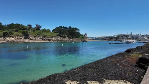 Slow Pan Along Turquoise Harbor in Douarnenez, Brittany, France Stock Footage 340586307