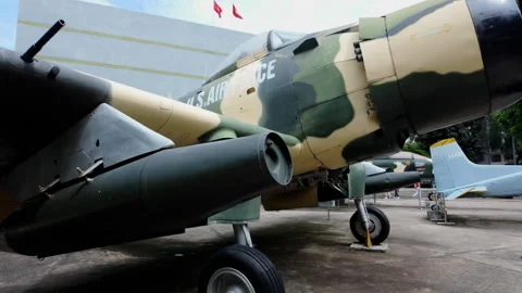 Slow pan along US warplane fuselage at War Remnants Museum, Ho Chi Minh City. Stock Footage 308997120